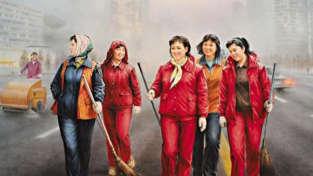 The art of keeping the workforce smiling... this painting, on display in Vienna as part of the <i>Flowers for Kim II-sung</i> exhibition, shows women street cleaners in North Korea.