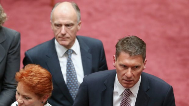 Senators Pauline Hanson,  Eric Abetz and Cory Bernardi during the opening of the 45th Parliament.