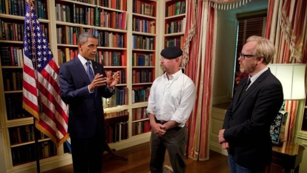  Powerful friends: Barack Obama with Mythbusters  co-hosts Jamie Hyneman, centre, and Adam Savage in the  White House library.