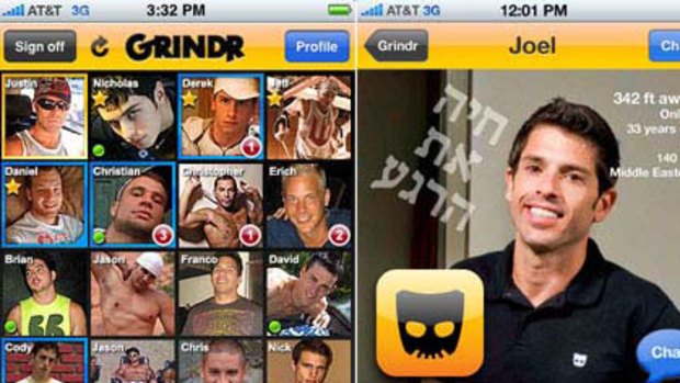 The Grindr app, left, and founder Joel Simkhai's profile.