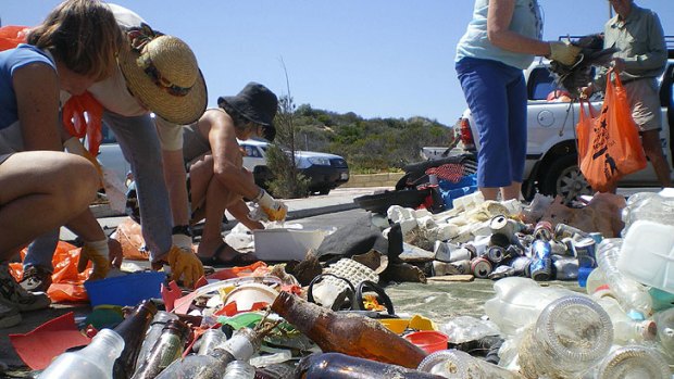 Volunteers sorting and recording marine debris collected at Binningup Beach during the 2010 South West Beach Cleanup.