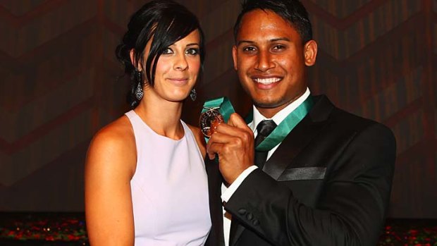 Good times: Barba celebrating his Dally M Medal win with former partner Ainslie Currie.