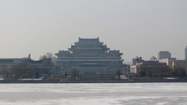 The view across the frozen Taedong River, in Pyongyang, North Korean, February 12, 2012, from below the Juche Tower. We can see Kim Il-sung Square and the Grand People's Study House on the opposite side of the river.