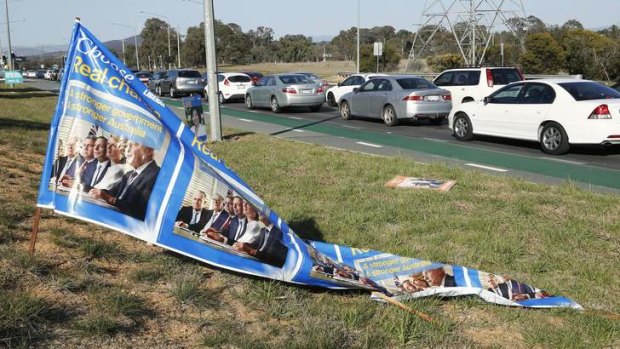 A Liberal Party election banner that had fallen over along Gungahlin Drive in Mitchell.