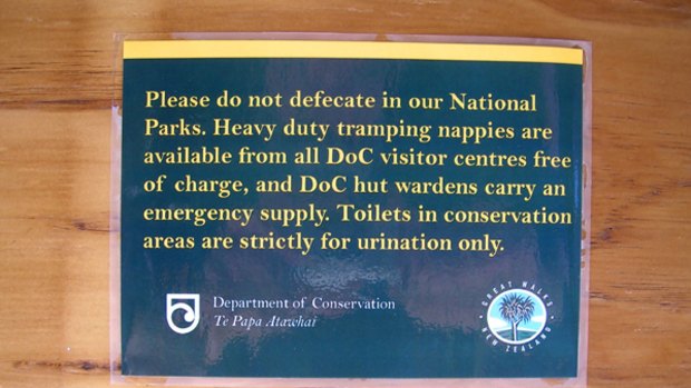 A bogus Department of Conservation sign asking people to wear 'tramping nappies' on the Routeburn track.
