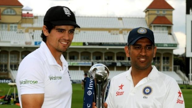 England captain Alastair Cook. left, and India captain M.S. Dhoni ahead of the First Test.