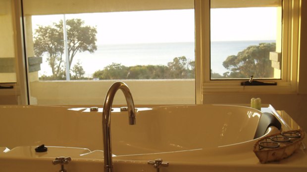 Beach views on tap ... the Dromana Hotel's spa suite has a long line of windows and a balcony looking out to the bay.