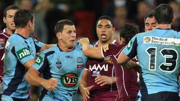Standing up ... Greg Bird in the thick of Origin I action.