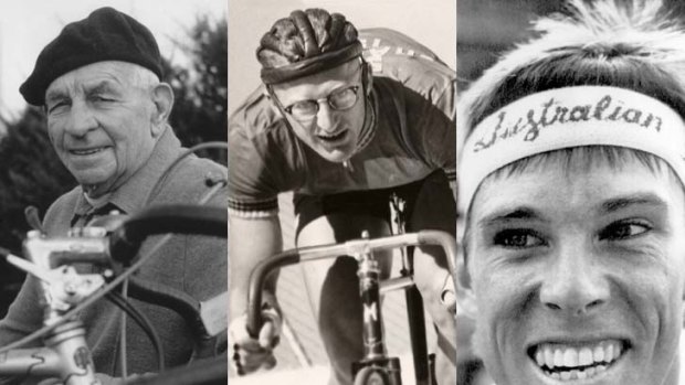 A ride through the history books ... great Australian cyclists Sir Hubert Opperman, Russell Mockridge and Phil Anderson.