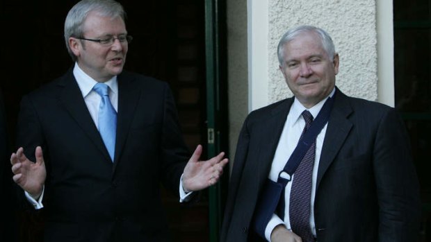 Former US Secretary of Defense Robert Gates pictured during his 2008 visit, listens to former prime minister Kevin Rudd.