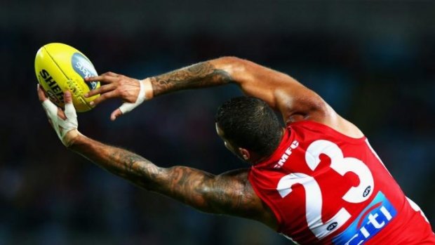 Lance Franklin of the Swans marks during the round eight match against his old club, Hawthorn.