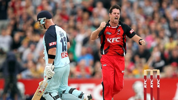 Dan Christian, right, celebrates after claiming a wicket for the Redbacks in a Twenty20 Big Bash match in February. He is a possible inclusion in the Australian team for the Boxing Day Test.