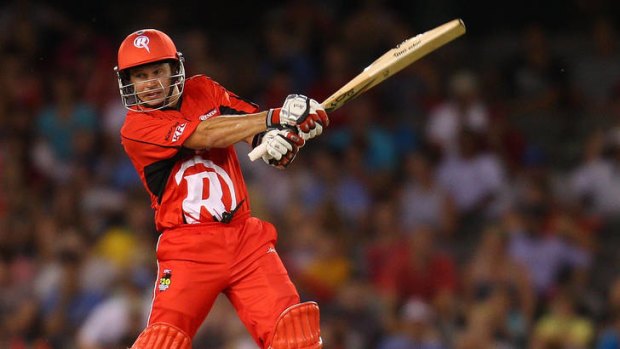 The Melbourne Renegades' Bradley Hodge in action in January this year. The Big Bash League gives Foxtel a chance to flex its commentary prowess.
