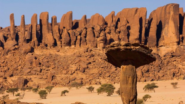 Southern Sahara desert Ennedi Massif needles and sandstone mushrooms of Sicandre, Chad.