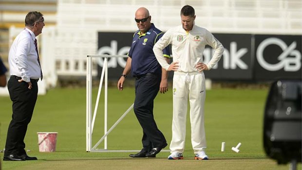 Michael Clarke and Darren Lehmann inspect the pitch at Lord's along with selector Rodney Marsh on Tuesday.