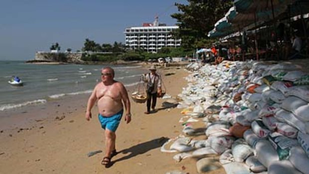 Hundreds of sand dikes have been piled up along Pattaya beach to prevent erosion.