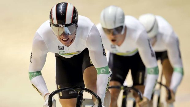 "At 98 per cent" ... Shane Perkins leads the Australian team in the team sprint at the 2012 Track Cycling World Championships in Melbourne.