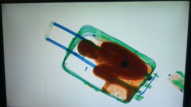 A picture, provided by the Spanish Guardia Civil in Cueta, shows an X-ray image showing an eight-year-old Ivorian boy hidden in a suitcase.