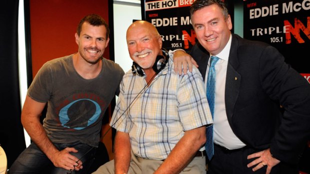 Luke Darcy, left, hosts a Triple M radio breakfast show alongside Eddie McGuire, among his other business interests.