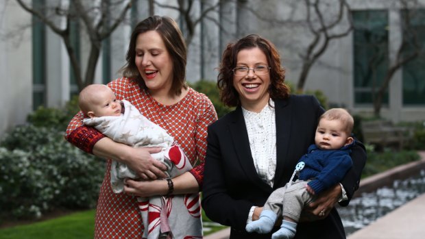 Kelly O'Dwyer with her daughter Olivia and Amanda Rishworth with her son Percy at Parliament House.