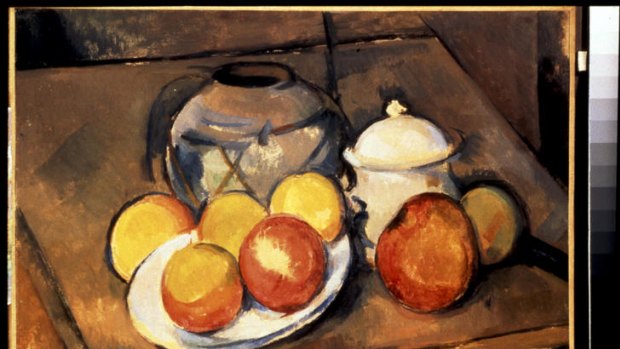 Paul Cezanne, <i>Straw-trimmed Vase, Sugar Bowl and Apples</i> circa 1890-94, oil on canvas, Musee de l'Orangerie, Paris.