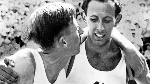 The moment: John Landy (right) and Roger Bannister in Vancouver, 1954.