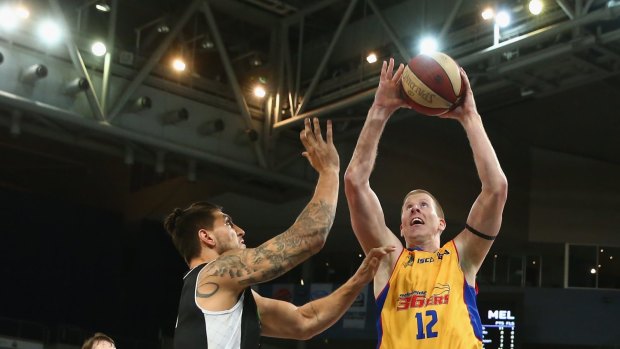 Brock Motum of the Adelaide 36ers shoots during the round eight NBL match between Melbourne United and Adelaide 36ers.