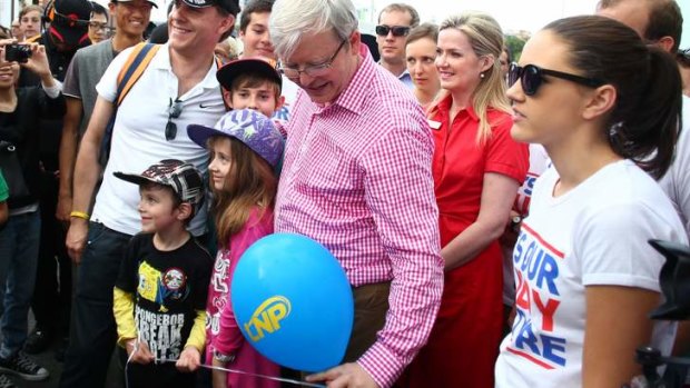 Will it, or won't it? Mr Rudd poses for the photo opportunity while nervously trying to hold down the LNP balloon.