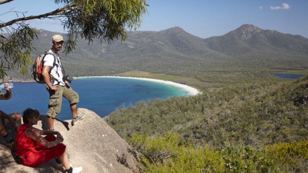 Hikers at Wineglass Bay lookout.