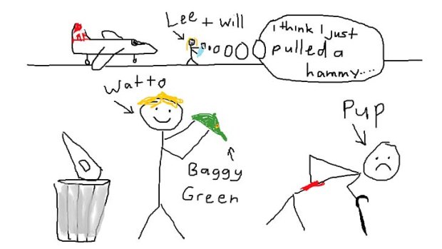 Due to BCCI restrictions on photography accreditation, the Herald will be bringing you all the action from India in the form of MS Paint renderings, courtesy of our work experience kid, Bobby Hundreds. Here we see Shane Watson swapping his dunce’s cap for the Baggy Green, completing a rollercoaster fortnight in which he was stood down for the third Test, flew home for the birth of his son, then returned to India to become Australia’s 44th Test captain.