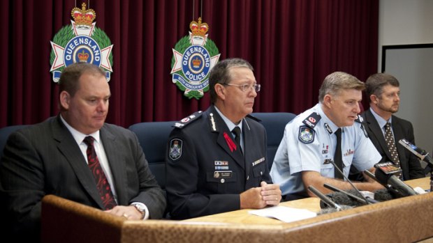 Queensland Police Senior Sargeant Steve Blanchfield, Police Commissioner Ian Stewart, Assistant Commissioner Mike Condon and Detective Senior Constable Ross Hutton (l-to-r) speak about the investigation into the disappearance of Daniel Morcombe.