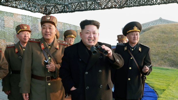 Back on his feet ... North Korean leader Kim Jong-Un observes a North Korean army drill.