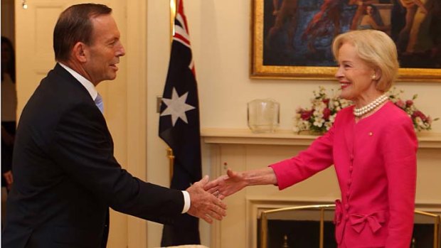 Outgoing Governor-General Quentin Bryce, pictured with Tony Abbott on Tuesday, will be the first dame after the reintroduction of the honour.