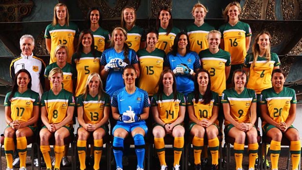 The Matildas with head coach Tom Sermanni pose for the official FIFA team photo.