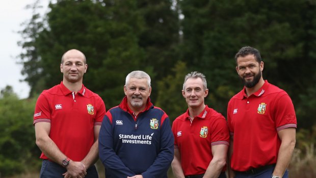 Line-up: Steve Borthwick, forwards coach, Warren Gatland head coach, Rob Howley, backs coach and Andy Farrell the defence coach pose during the 2017 British & Irish Lions coaching team announcement .