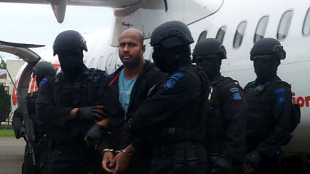 Executions delayed: Myuran Sukumaran arrives at Cilacap airport en route to Nusakambangan.