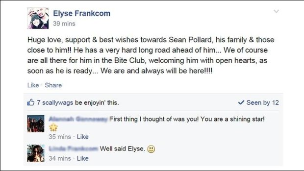 Shark attack survivor Elyse Frankcom posted this message of support for Sean Pollard on Faceboo.