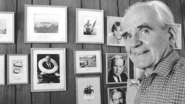 Carl Halvorsen with pictures of some of the celebrities who were among those who admired his skills.