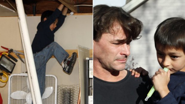 Media storm ...   Richard Heene with his son Falcon, after the six-year-old was found safe and well (above, left); Falcon shows where he was hiding during the drama (above).
