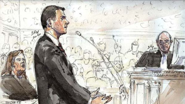 Blaming his bosses ... court sketch of alleged rogue trader Jerome Kerviel (centre) facing prosecutor Jean-Michel Aldebert (right) in court at his trial.