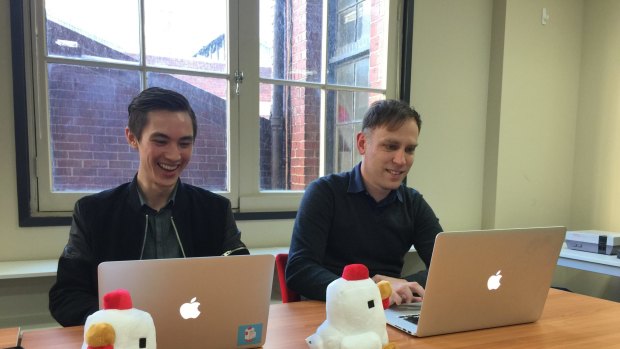 Crossy Road developers Andy Sum and Matt Hall at their workstations. 