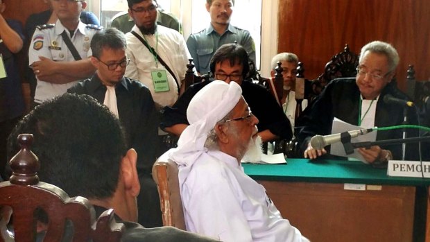 Indonesian cleric Abu Bakar Bashir in Cilacap court on Tuesday.