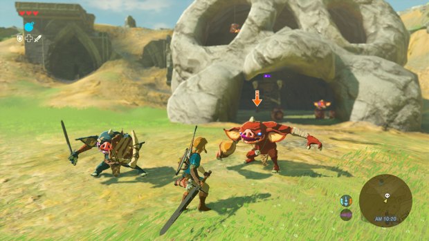 Link wields a two-handed claymore. Note the precariously placed lantern in the top left of the rock.