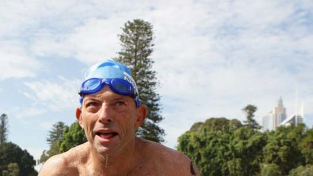 Opposition Leader Tony Abbott completes the Body Science Great Australian Swim Series at  Sydney Harbour  today.