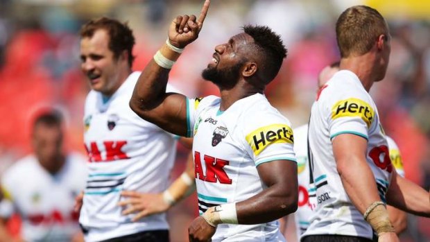 Spark: James Segeyaro after scoring a try.