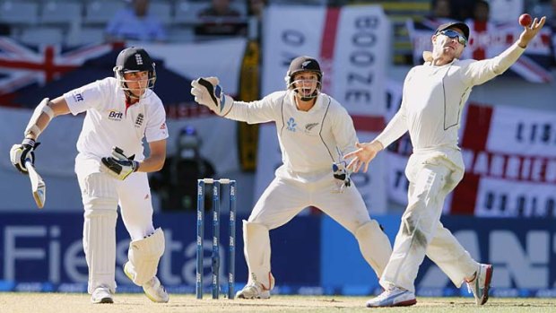 New Zealand captain Brendon McCullum misses a catch off England's Stuart Broad late on the final day.