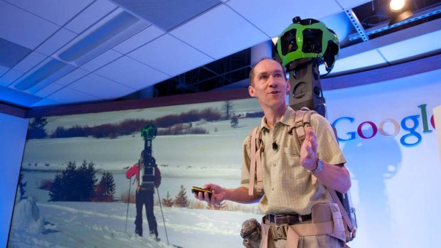 Luc Vincent, Google engineering director, demonstrates how Google captures images in hard to reach places with Street View Trekker.
