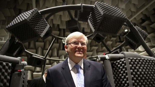 Prime Minister Kevin Rudd visits an Anechoic chamber with 41 speakers at the Australian Hearing Hub in the seat of Bennelong in Sydney on August 12.