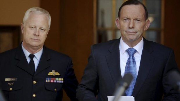 Prime Minister Tony Abbott addresses the media during a joint press conference with Chief of the Defence Force, Air Chief Marshal Mark Binskin