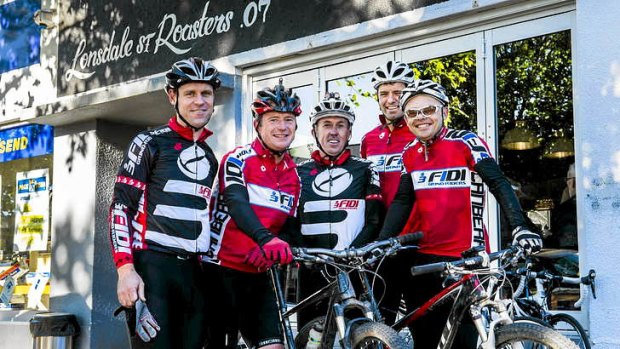 The Canberra Grind Riders, Matt Blunn, Malcolm Leslie, Dayn Jackson, Jeff Howell, and Greg Burghardt, after sharing a coffee at the Lonsdale St Roasters in Braddon.